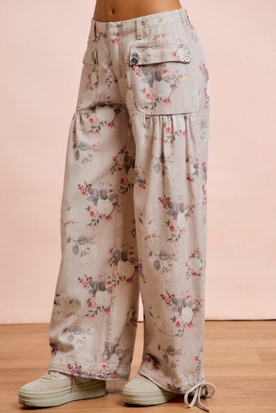 BiBi Cream Floral Washed Twill Wide Leg Pants XL - Modern Cottage